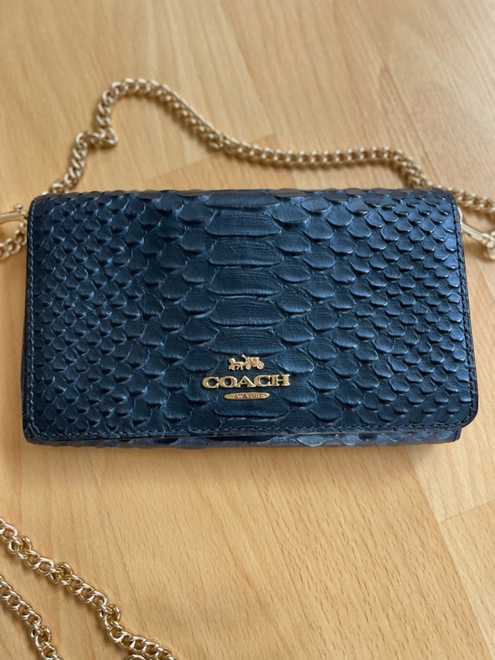 COACH Python Embossed Leather Wallet Crossbody w Chain Midnight Navy Blue F34720